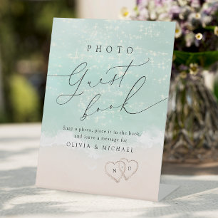 Signe De Table Script moderne Sand Hearts Beach Photo Livre d'inv
