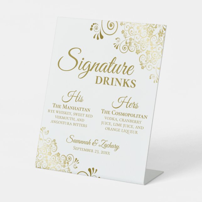 Signe De Table Signature Boissons Elegant Gold & White Mariage Ba (Recto)