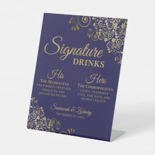 Signe De Table Signature Boissons Elégant Mariage bleu et or Mari