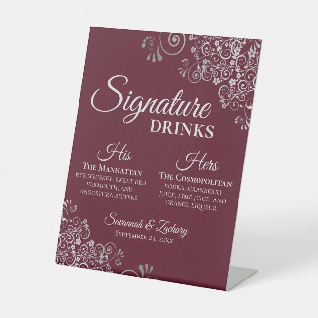 Signe De Table Signature Boissons Elégant Mariage Bourgogne & Arg (Recto)