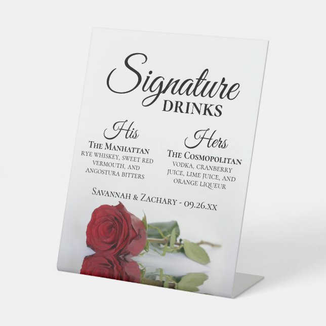 Signe De Table Signature Boissons Élégant Mariage Rose Rouge (Recto)