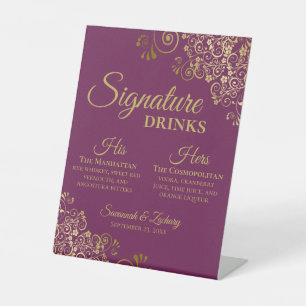 Signe De Table Signature Boissons Élégante Magenta & Mariage Or