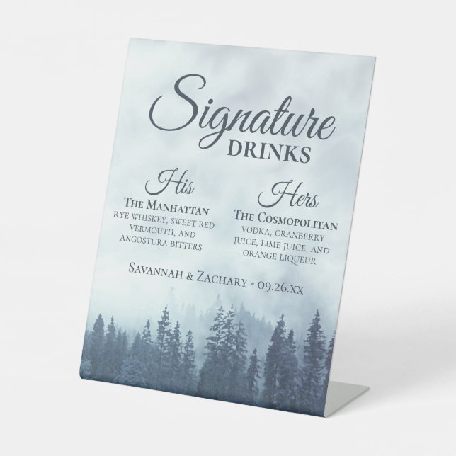 Signe De Table Signature Boissons Misty Blue Pine Trees Mariage (Recto)