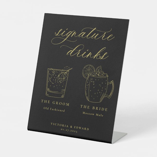 Signe De Table Signature Gold Boissons Mariage noir (Recto)