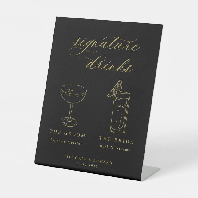 Signe De Table Signature Gold Boissons Mariage noir (Recto)