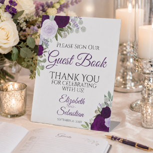 Signe De Table Signez Notre Livre d'Or Fleurs Violettes Rustiques