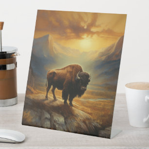 Signe De Table Silhouette de Bison de Buffalo au Coucher du Solei