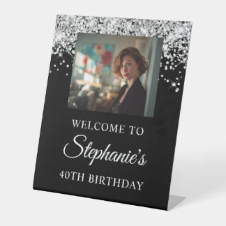 Signe De Table Silver Glitter Black Photo 40th Birthday