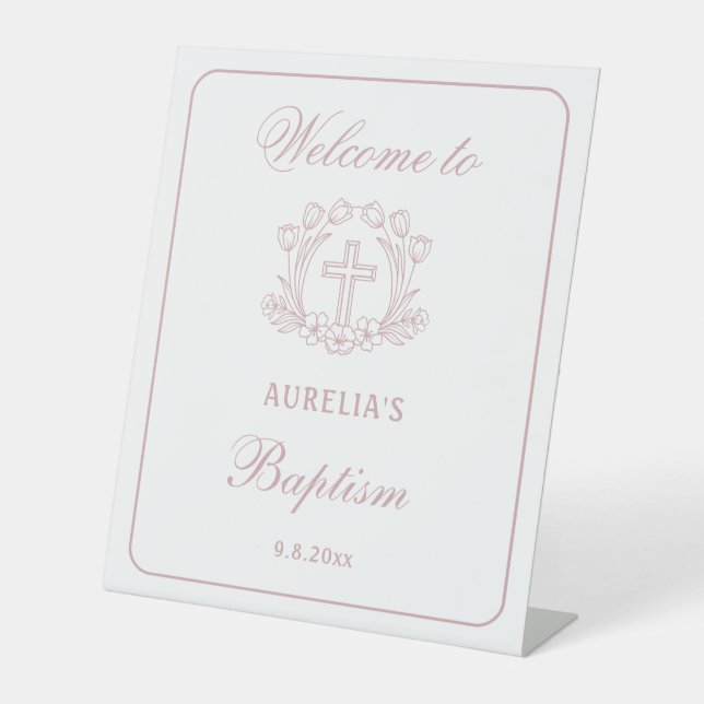 Signe De Table Simple Floral Pink Cross Baptism Bienvenue (Recto)