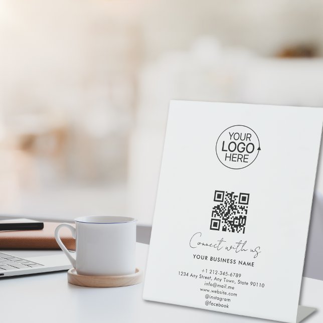Signe De Table Simple Script Connect With Us Logo QR Code Promo (Simple Script Connect With Us Logo QR Code Promo Pedestal Sign)