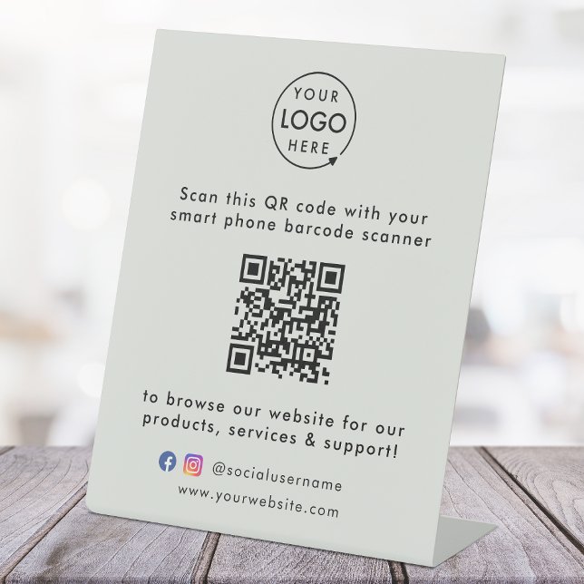 Signe De Table Site Web d'entreprise | QR Code Scan Me Logo Gris (This versatile sign can easily be updated with your company logo, QR code, social media & website!)