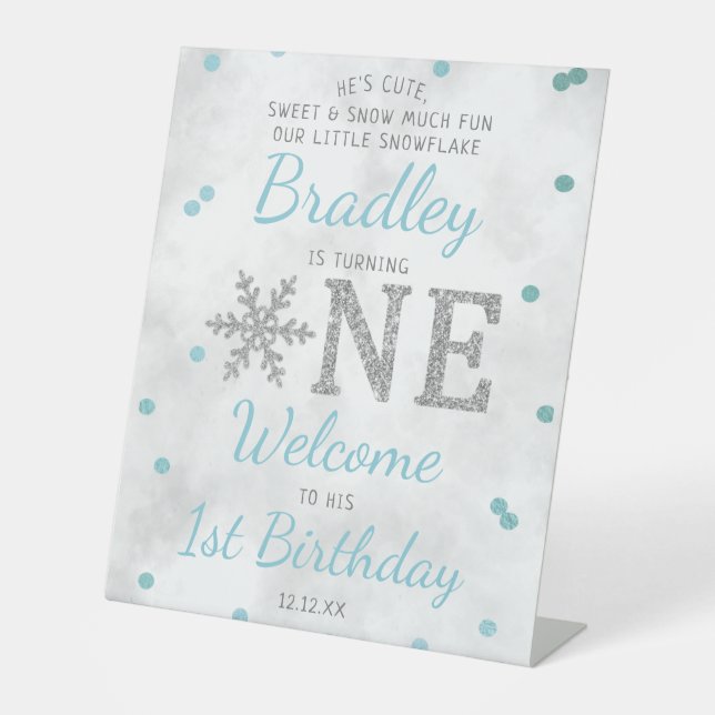 Signe De Table Snowflake Hiver 1er anniversaire Bienvenue (Recto)