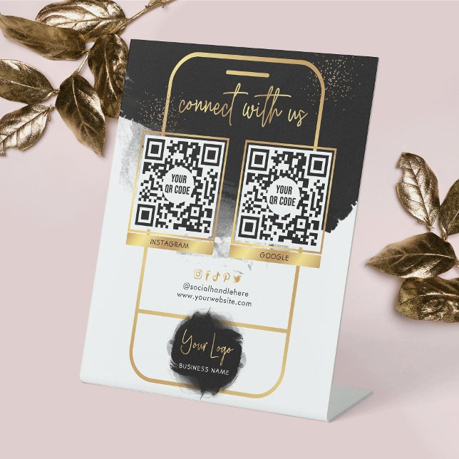 Signe De Table Social Media 2 QR Code Laisser une critique Black  (Scannable 2 QR code Business Pedestal Sign in a black and gold design)