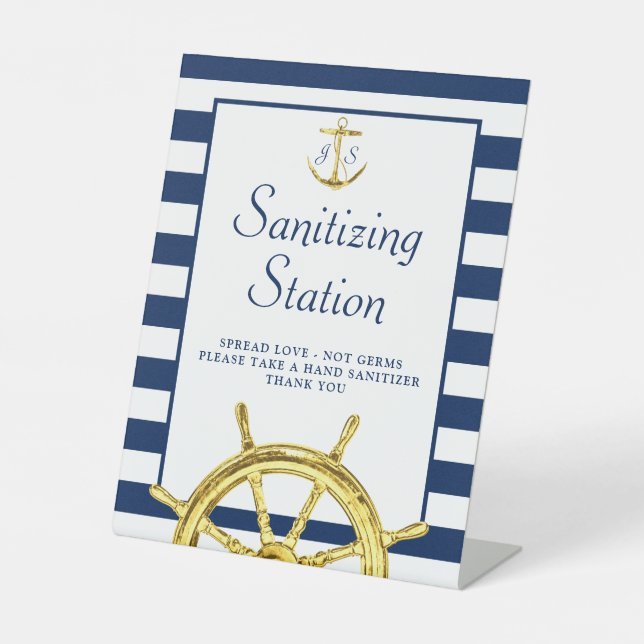 Signe De Table Station d'assainissement Monogramme d'or bleu mari (Recto)