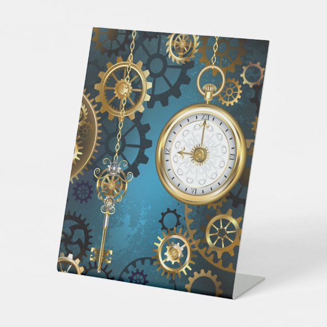 Signe De Table Steampunk Arrière - plan turquoise avec Gears (Recto)
