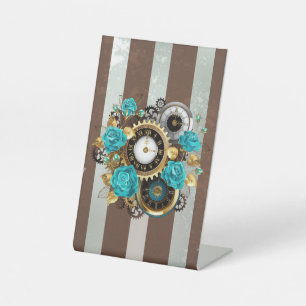 Signe De Table Steampunk Clock and Turquoise Roses on Striped