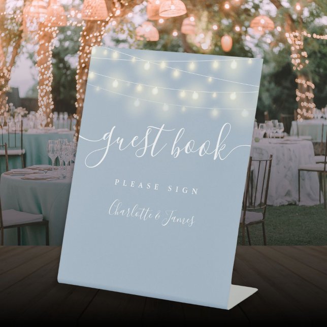 Signe De Table String Lights Dusty Blue Script Livre d'invité (String Lights Dusty Blue Script Guest Book Pedestal Sign)