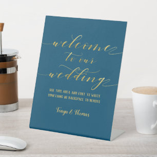 Signe De Table Swash Font Calligraphy Turquoise & Gold Welcome Ma
