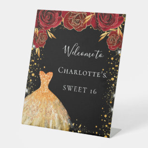 Signe De Table Sweet 16 robe or noir rouge rouge floral accueil