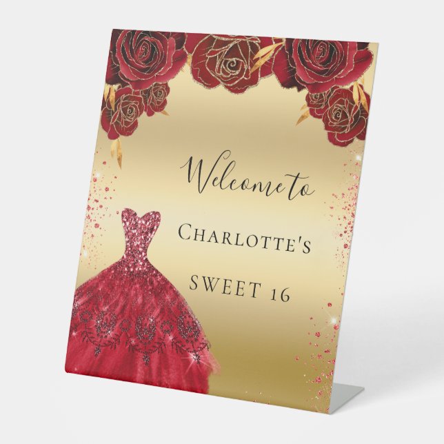 Signe De Table Sweet 16 robe rouge or accueil fleuri (Recto)