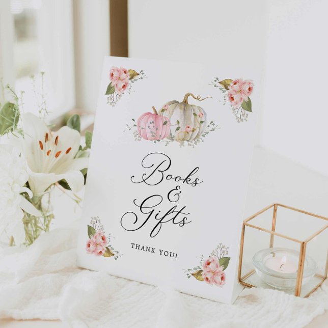Signe De Table Symbole Citrouille rose Fille Baby shower Livres e (Pink Pumpkin Books and Gifts Sign)