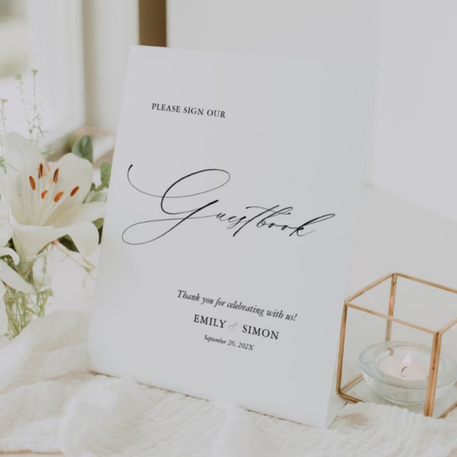 Signe De Table Symbole du livre d'or d'un mariage élégant (modern elegant wedding guest book sign, sign our guest book wedding table top, dainty calligraphy)