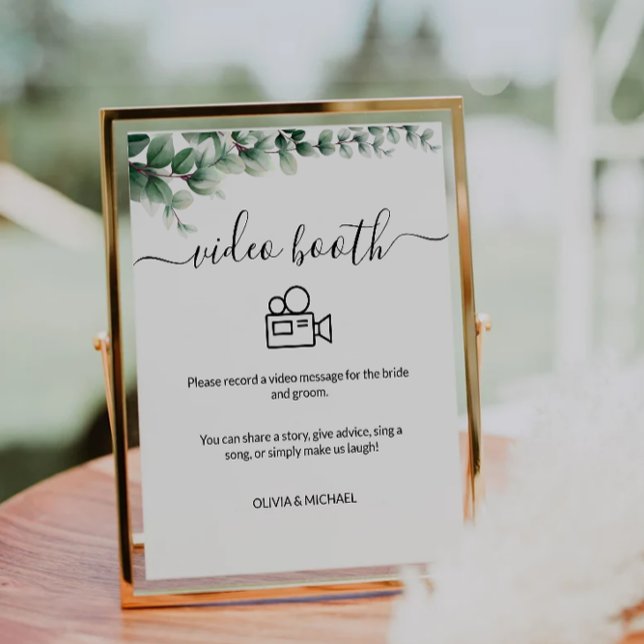 Signe De Table Symbole du stand vidéo Mariage vert, contemporain (Green Wedding Video Booth Sign, contemporary Pedestal Sign)