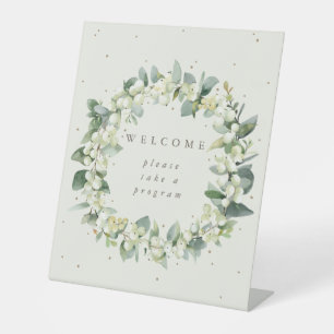 Signe De Table Table d'accueil crème avec neige et eucalyptus pou
