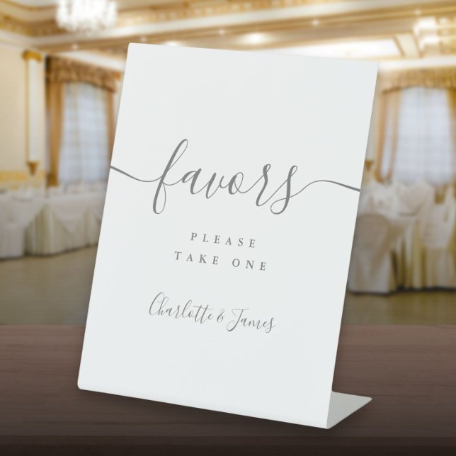 Signe De Table Table de cadeaux de mariage de script moderne gris (Gray Modern Script Wedding Favors Table Pedestal Sign)