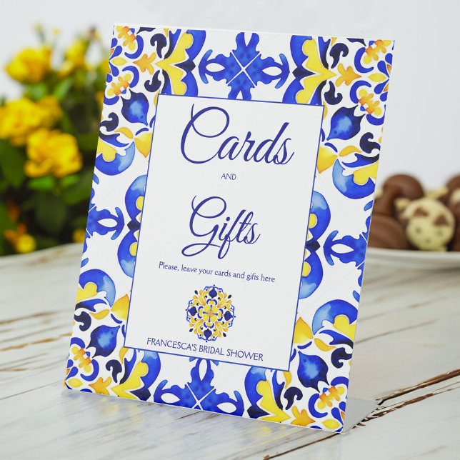 Signe De Table Talavera azulejo cadeaux (Talavera azulejo maiolica blue tiles Mediterranean wedding bridal shower gifts table pedestal sign)