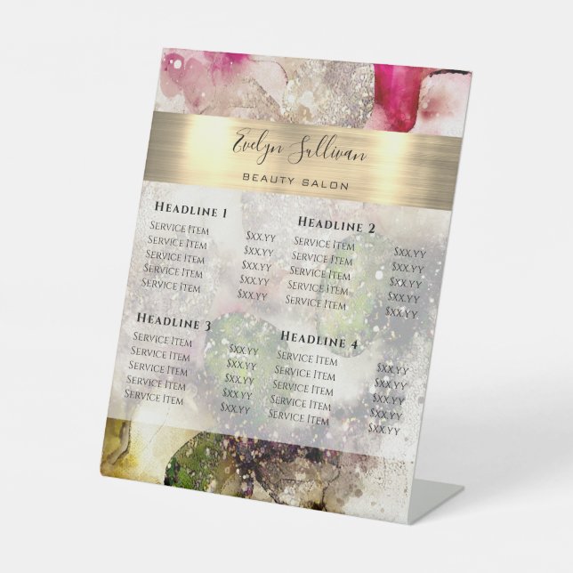 Signe De Table Tarif Aquarelle Parties scintillant Rose Vert (Recto)