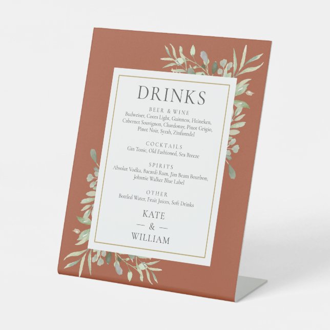 Signe De Table Terracotta Aquarelle Verdure Mariage Boissons Menu (Recto)