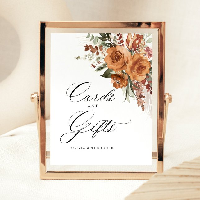 Signe De Table Terracotta Boho Rose Cards & Gifts Wedding Table (Terracotta boho rose floral cards and gifts wedding sign with romantic calligraphy, indoor reception)
