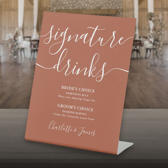 Signe De Table Terracotta Moderne Script Mariage Signature Boisso (Terracotta Modern Script Wedding Signature Drinks Pedestal Sign)