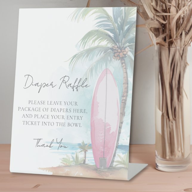 Signe De Table Tirage de Couches Plage Baby Shower (Diaper Raffle Beach Baby Shower Pedestal Sign)