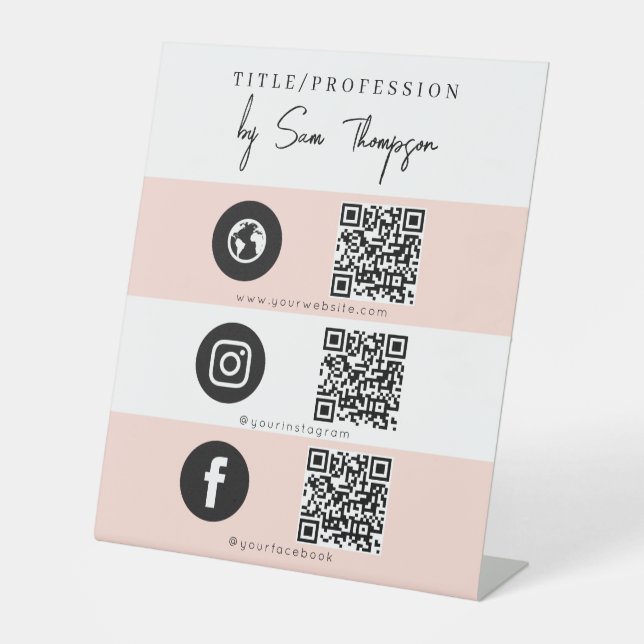 Signe De Table Triple Icon & QR Code Business Social Media Rose (Recto)