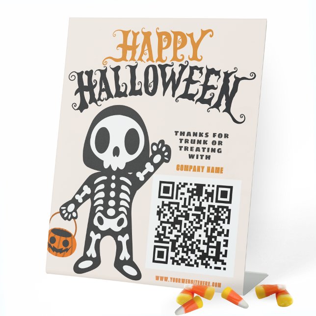 Signe De Table Tronc ou traiter Skeleton Business Merci (Skeleton Halloween Trick or Treat Standing Business QR Code Display Sign)