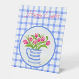 Signe De Table Tulipes aquarelles bleu à carreaux Joyeuses Pâques
