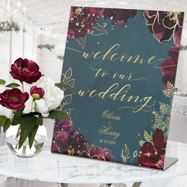 Signe De Table Turquoise Bordeaux Jewel Tones Bienvenue Mariage 2 (Créateur téléchargé)