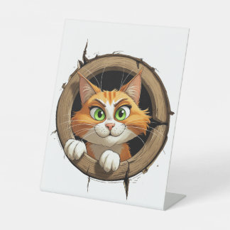 Signe De Table Un chat de dessin animé avec des yeux verts brilla