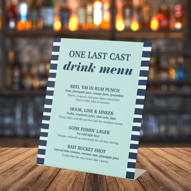 Signe De Table Un Dernier Cast Nautical Navy Bachelor Drink Menu (One Last Cast Nautical Navy Bachelor Drink Menu Pedestal Sign)