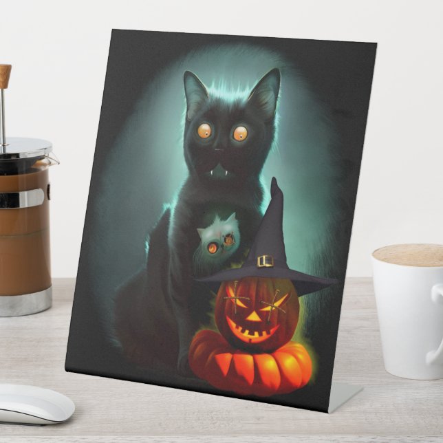 Signe De Table Vampire Chat et Assistant Citrouille Halloween Sur (In SItu)