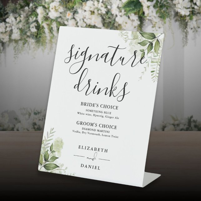 Signe De Table Végétal Floral Mariage Signature Boissons (Greenery Floral Wedding Signature Drinks Pedestal Sign)