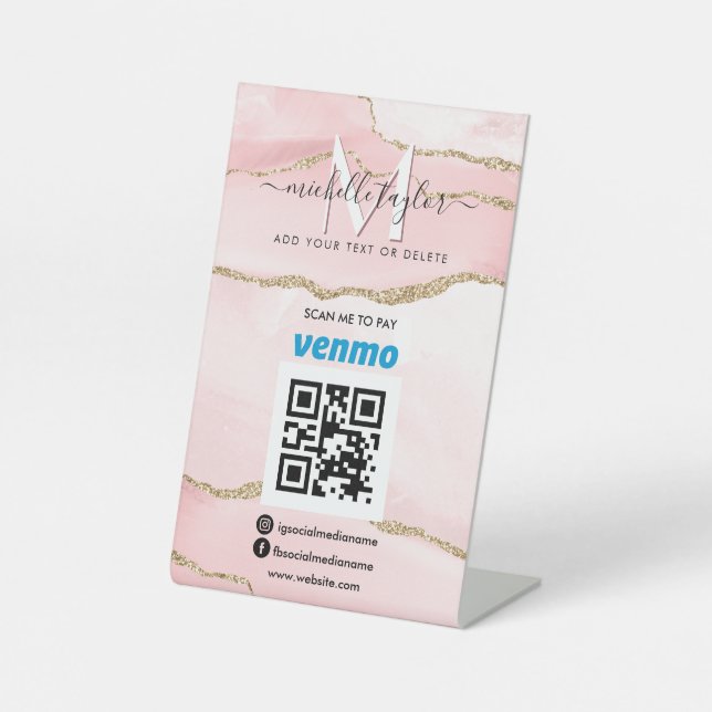 Signe De Table Venmo QR code Modern Scan to Pay Monogram Blush (Recto)