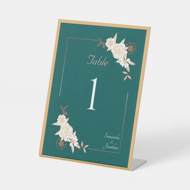 Signe De Table Vert foncé avec crème Rose Mariage Numéro de table (Recto)