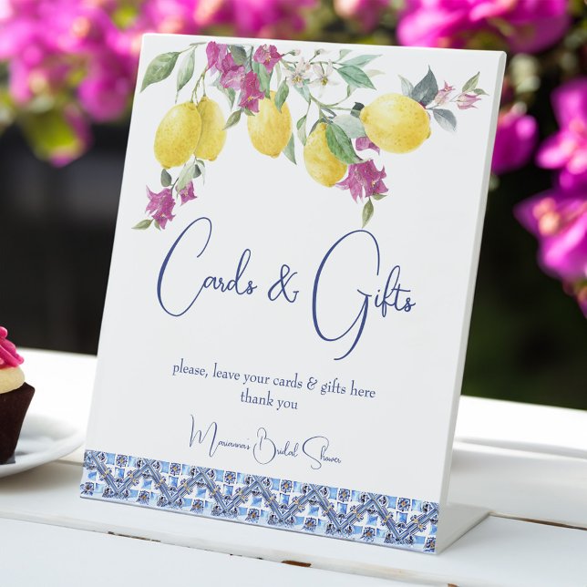 Signe De Table Vintage citrons bougainvilliers (VIntage Italian maiolica blue tiles lemons bougainvillea bridal shower wedding gifts table sign)