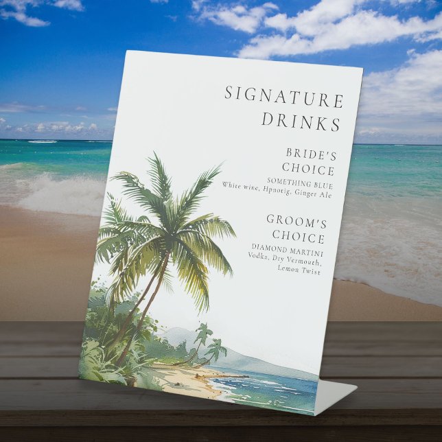 Signe De Table Watercolor Tropical Beach Signature Boissons Maria (Watercolor Tropical Beach Signature Drinks Wedding Pedestal Sign)
