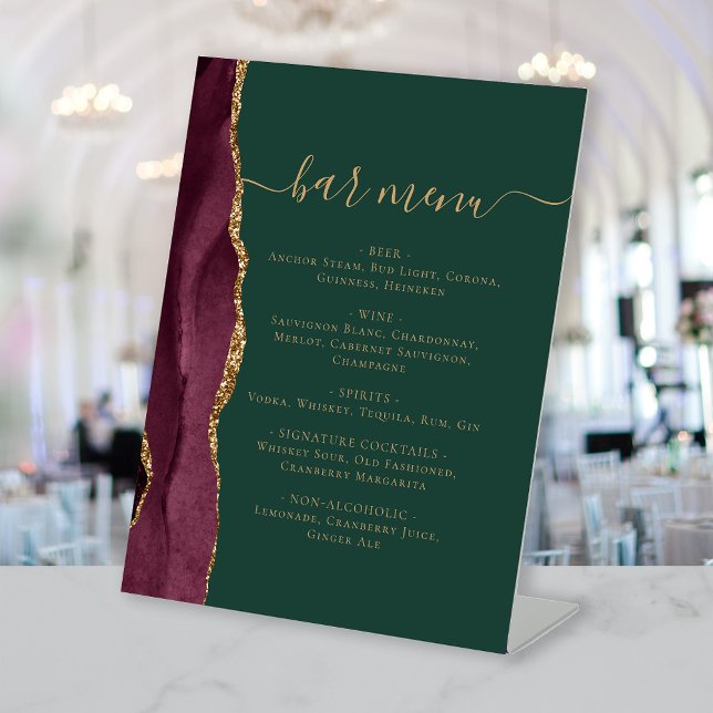 Signe De Table Wedding Bar Menu Burgundy Gold Agate Green (Créateur téléchargé)