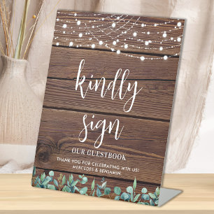 Signe De Table Wedding Guest Rustic Wood Greenery String Lights 