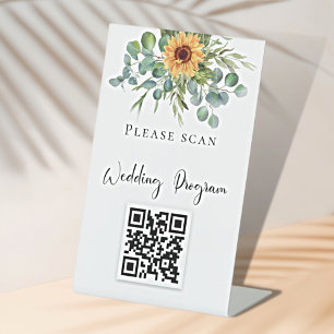 Signe De Table Wedding program QR code sunflowers eucalyptus